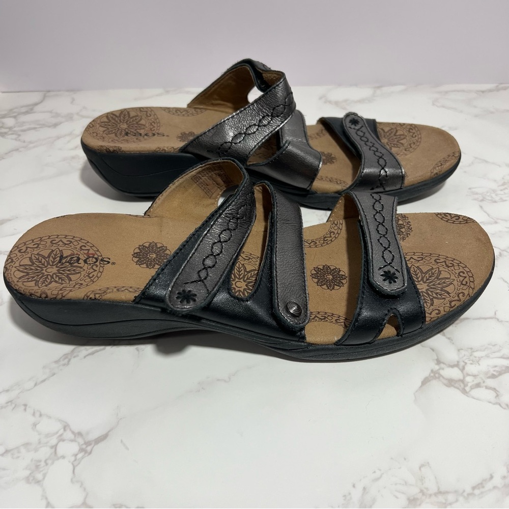 Taos Tour Women's Metallic Pewter Leather Hook and Loop Slip-On Sandals -- 11 - Picture 3 of 10